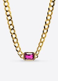 gold link chain necklace with a purple rectangle gemstone in the center