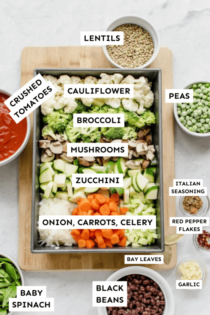 ingredients for the recipe laid out on a table in bowls and pans